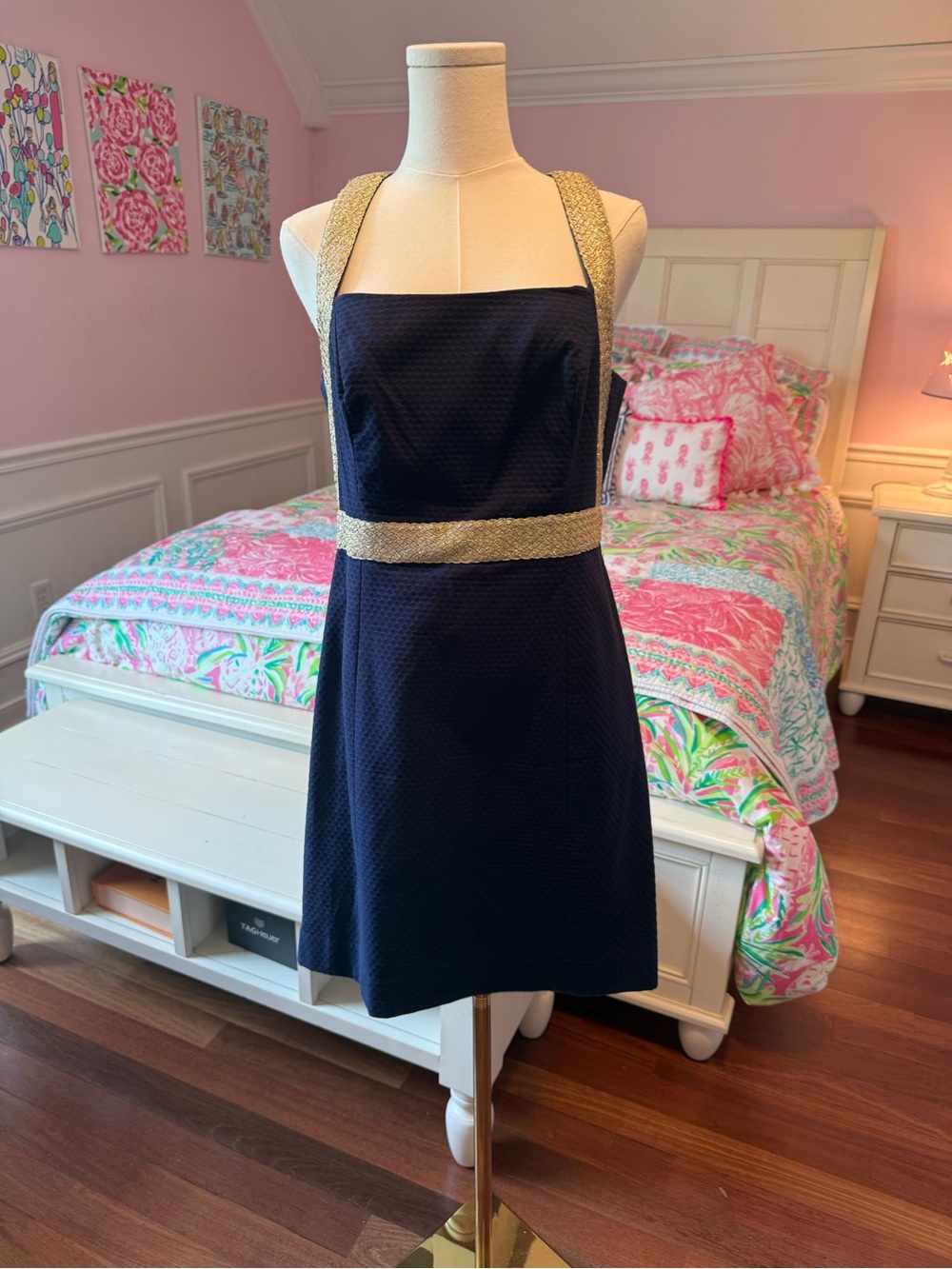 Lilly Pulitzer Navy Dress with Gold Trim Halter